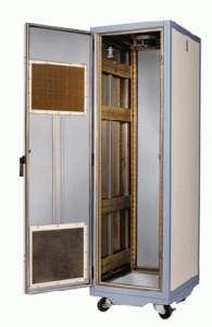 a shielded white cabinet with the door open