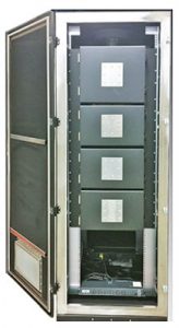 a server rack with the door open and a bunch of boxes in it