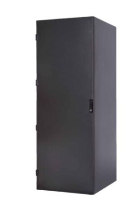 a tall black cabinet with a lock on the door